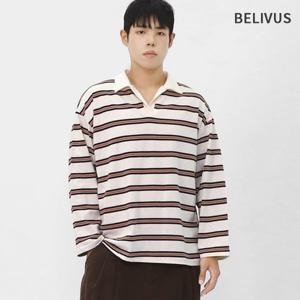 빌리버스 남성 캐주얼 스트라이프 브이넥 루즈핏 카라 긴팔 티셔츠 BCR026