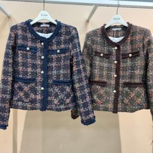라티움 HC34 트위드자켓 가을 초겨울 띠 배색라인 노카라 체크 트위드 자켓 T2541kk02