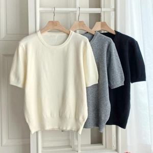 [다잇템][다잇템] 여자 U넥 비스코스 반소매 시보리 민무늬 니트