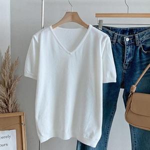 [다잇템][다잇템] 여성 V넥 반소매 일상용 비스코스 원컬러 니트