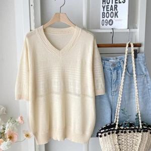 [다잇템][다잇템] 여성 V넥 스카시 반소매 스웨터 비스코스 펀칭