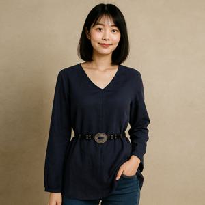 샵앤) 여성 노카라 V넥 심플 무지 긴팔 롱 블라우스 SML-WBL-4920-네이비