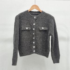 샵앤) 여성 라운드 단추오픈 세미크롭 긴팔 블링 부클 가디건 SIU-WCD-4944-진그레이