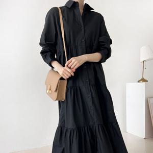 샵앤) 여성 카라 단추 4단 캉캉 셔링 롱원피스 ARA-WDR-4949-블랙