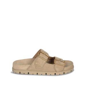 25SS 프라다 Suede 샌들 with double golden buckle  프라다 로고 engraved on triangular plaque  Molded rubber sole  1XX692054F0379