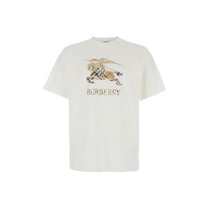 BURBERRY White Crewneck T Shirt with EKD and Logo Lettering Embroidery on the Front in Cotton Man 8119014B7078