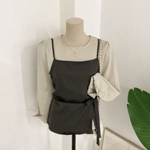 허니제이 /  세트  멘티오 리본 끈조절 뷔스티에 셔링 블라우스(2color)