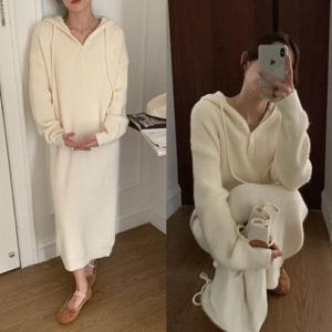 [나인포시즌]볼매 가을 겨울 골지 후드 홀가먼트 니트 롱 원피스 데일리룩