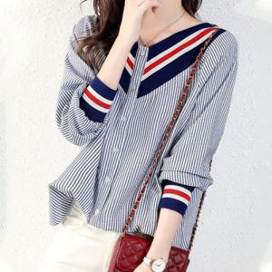 나바바 / NB1000 캐주얼 배색 단가라 브이넥 블라우스