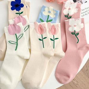 [6개세트] 플라워 가든 양말 6개 세트 봄꽃 여성 중목 데일리 삭스
