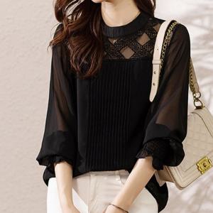[블랙퀸]마감할인 칼로우 레이스망 시스루 블라우스 blk003350