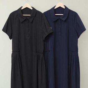 [신상오픈런]여성 나일론 빅사이즈 카라 반팔 플리츠 롱 드레스