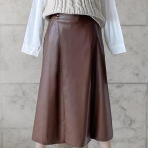 [옷자락]여성 독특한 가죽 스판 절개 플레어 롱 치마