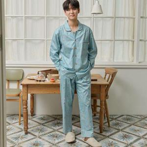 [원더풀라이프]국산 순면 남성 긴팔 파자마 세트 기타곰 블루 (간절기겨울용잠옷, 바지주머니있음)