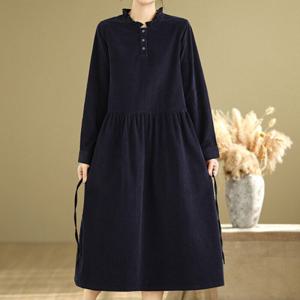 나바바 / NO946 레트로 코듀로이 프릴 버튼 긴팔 원피스