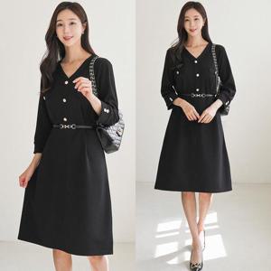 드리다 여성 봄 가을 브이넥 7부 A라인 빅사이즈 스판 원피스 미시 엄마옷 하객 상견례 오피스룩 출근