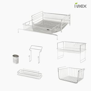 [아이넥스] 클린엣지5.0+ 올스텐 3단 슬라이딩 확장형 식기건조대(본체+멀티선반+조리도구포켓+수저통+도마행주걸이)+상부장걸이형바스켓