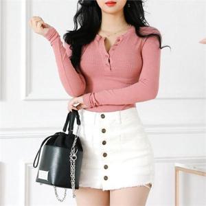 [더클로]여성 기본 이너티 버튼 브이넥 골지 트임 긴팔 티셔츠_BLT5501