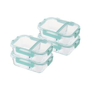 2칸 유리 밀폐용기 직사각 860ml 4개 구성