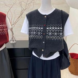 [프리티 글라라]여성 패턴 라운드넥 칼라 버튼 니트 조끼 vs-58 (40848463)