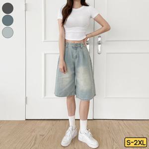 가비진 여성용 허리조절 버튼 버뮤다 워싱 데님 팬츠 5부 청 반바지 바지 2color 빅사이즈까지