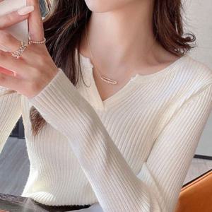 티셔츠 여자 숏 브이넥 신축성 좋은 긴팔 골지