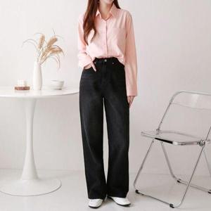 [원플]하이웨스트 세미와이드 스트레이트 일자 데님 숏&롱기장 흑청바지(STHF71841KW)