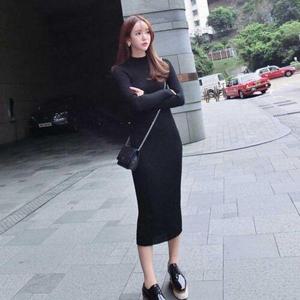 [끌레아]여자 겨울 데이트 룩 검정 롱 니트 원피스 슬림 패션