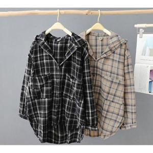 [쿠잉]여성 가을/겨울 체크 후드 기모울셔츠/아우터겸용