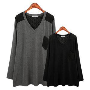 [허밍퍼플]밍퍼플 여성용 3611 크레 포켓 레이스T 빅사이즈 티셔츠 롱티 브이넥 V넥 긴팔 슬림 루즈핏 큰..