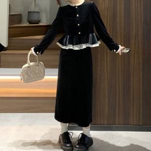 원피스 OPS 여성 겨울 가을 홈웨어 연말룩 우아한 부드러운 벨벳 하객룩 프릴