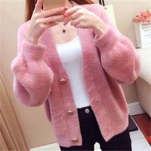 [나인포시즌]니키 베이비핑크 핑크색 흰색 앙고라 털 니트 가디건