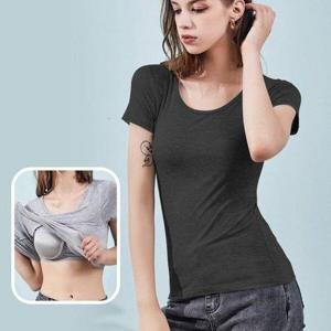 [로아리빙]여성 라운드넥 반팔 노브라 티셔츠 브라캡 내장형 스판 기능성 홈웨어