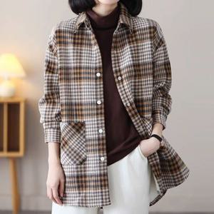 나바바 / NB2985 여성 레트로 체크 긴팔 기모 남방 셔츠