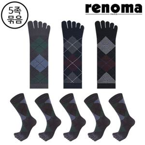 [레노마] 남성 아가일 중목 발가락양말 5족세트