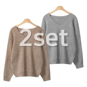 ☆2종세트☆ [유니제이] 로이버 루즈핏 골지 브이넥 니트티