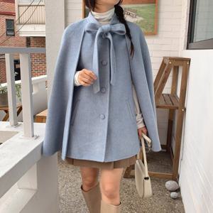 네쥬 여성 가을 스트랩 리본 데일리 귀여운 망토 울 코트