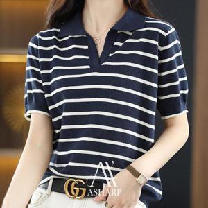 [에이샵][에이샵] [한정특가] 슬릿 카라넥 반팔 줄지 니트_ASKN011M25