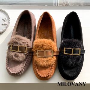 [밀로바니] 러블루 스웨이드 퍼 골드 버클 벨트 퍼안감 소프트 여성 겨울 몰드 로퍼 2cm