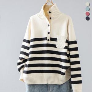 [유니제이] 탈논 스트라이프 하이넥 니트티