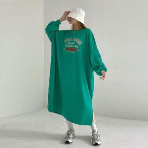 [유야]99까지 면 라운드 레터링 긴팔 롱 원피스 홈웨어 캐주얼 -OP0267H- 빅사이즈 루즈핏 여성 가을