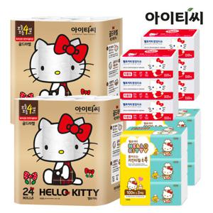 [레드패키지]헬로키티 골드라벨4겹 화장지24롤2팩+팝업티슈6팩+키친타올6팩