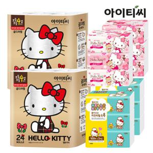 [핑크패키지]헬로키티 골드라벨4겹 화장지24롤2팩+팝업티슈6팩+키친타올6팩