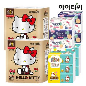 [블루패키지] 헬로키티 골드라벨 4겹 24롤2팩+팝업티슈6팩+키친타올6팩