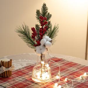 크리스마스 장식 목화 조화 화병 LED 솔베리 set 35cm (DIY) 소품 테이블 탁상용 오브제 행사 촬영 꾸미기
