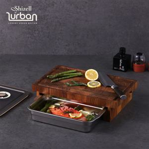 100일 공정 천연 티크 엔드그레인 도마와 밀폐 스테인리스 밧드 풀세트