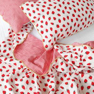 4중 거즈 딸기 체크 양면사용 여름이불 겸 사계절 블랭킷 캠핑 담요 리버서블 이불