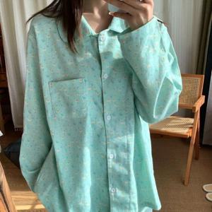 민트 데이지 플라워 순면 피치기모 긴팔 잠옷 세트 1color