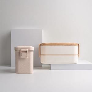 화이트 2단 직장인 도시락 밀프랩 + 밀짚 국통 (보온병 겸용) 세트