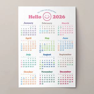 2026 포스터 한장 달력 연력 스케줄러 컬러감성 스마일 캘린더